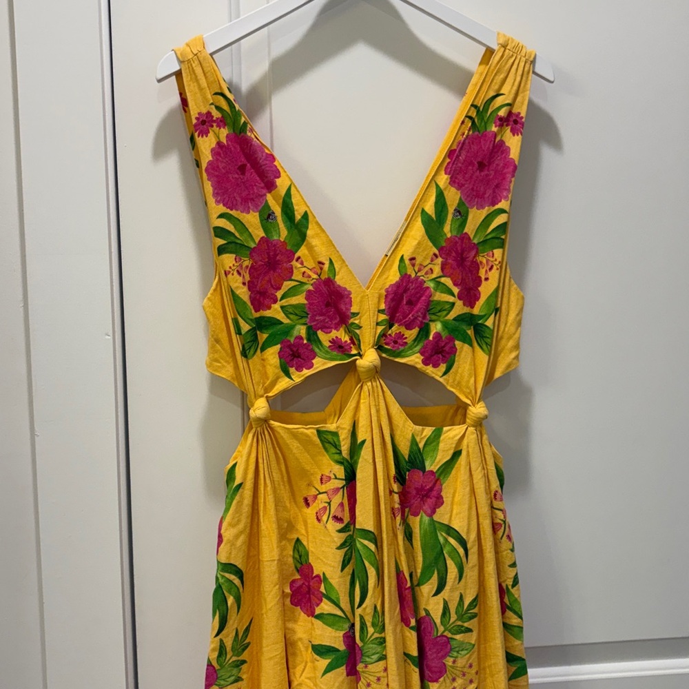 Farm Rio Romantic Garden Yellow Pink Plunge Midi Dress Size M - Picture 6 of 16